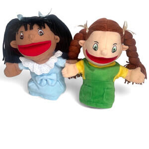 2 Lakeshore Let's Talk! Hand Puppets Hispanic Caucasian Girls Classroom Learning